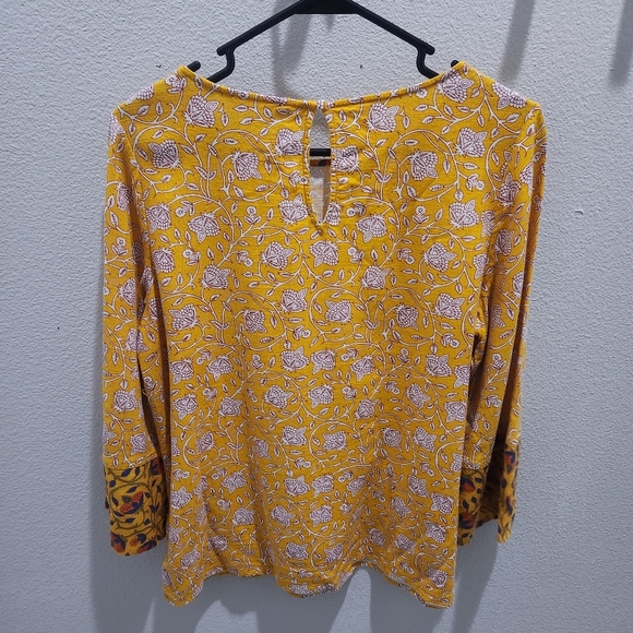 Soft Surroundings Women Mustard Floral Linen Blend Tunic Boho Back Keyhole sz PM - Picture 2 of 8
